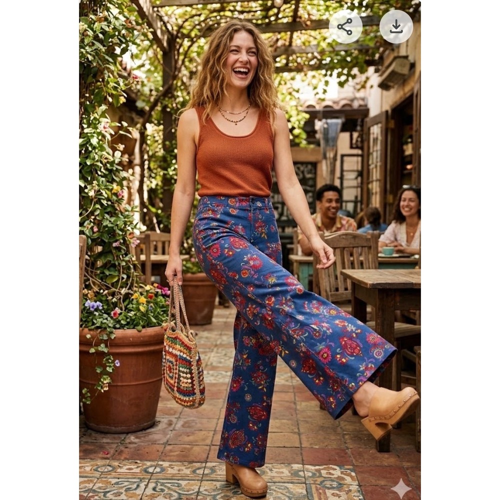 ModCloth‎ Floral Paisley Corduroy Wide Leg Pants Blue High Rise 14 NWT